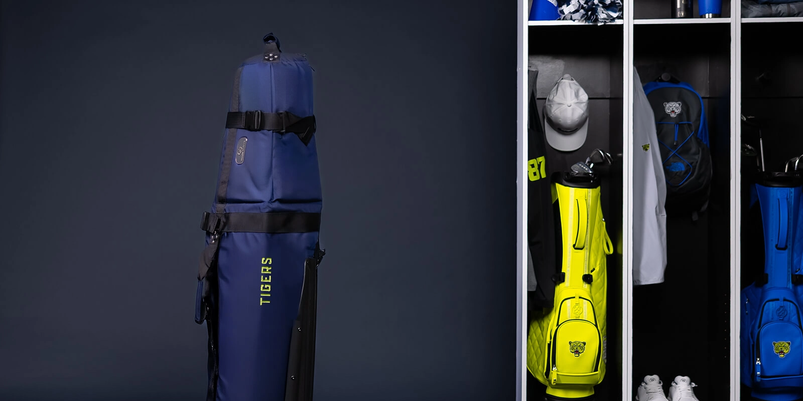 Custom team golf bags featuring embroidered logos.